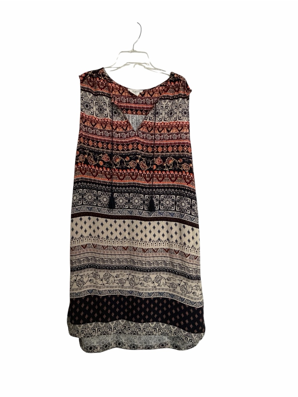 Beachlunchlounge Boho Batik Print Sleeveless Tassel Shift Dress - L